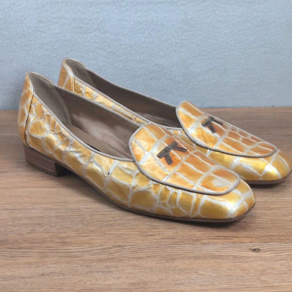 Stuart Weitzman Women's 10 Square Toe Loafer Flats Yellow Patent Croc Leather